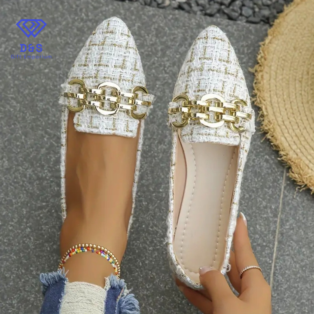 Beige & Golden Plaid Metal Chain Flats