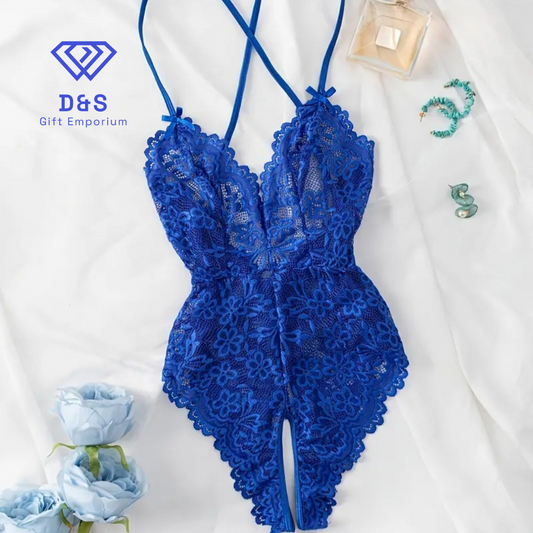 Blue Bow Crotchless Bodysuit