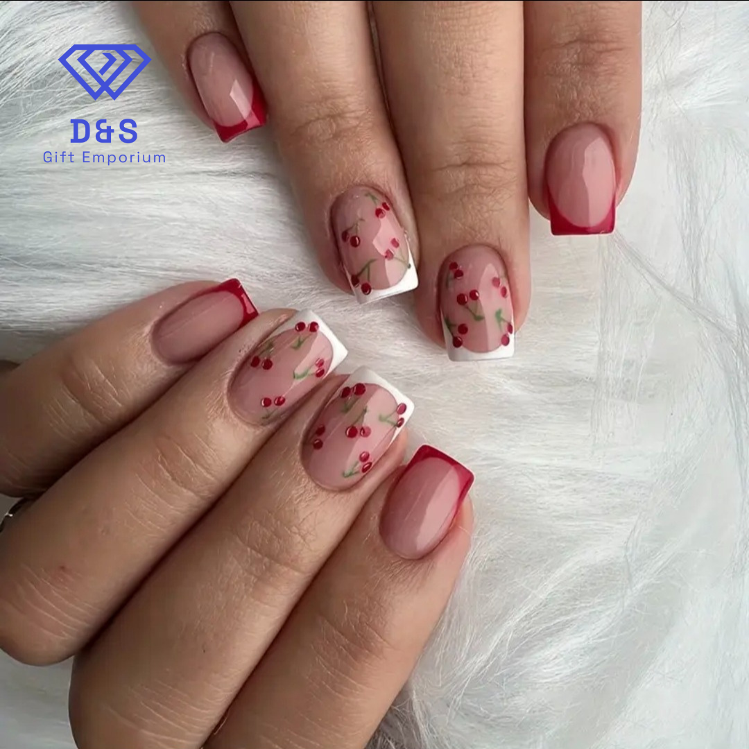 24pcs French Sweet Cherry Fake Nails