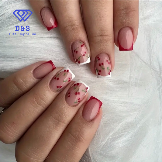 24pcs French Sweet Cherry Fake Nails