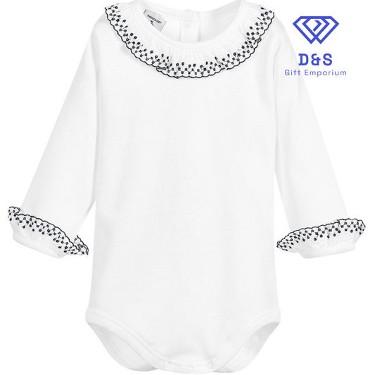 Long Sleeved Embroidered Ruffle Collar Bodysuit
