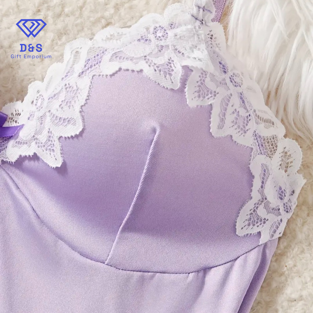 V Neck Lace Embellished Nightgown & Thong