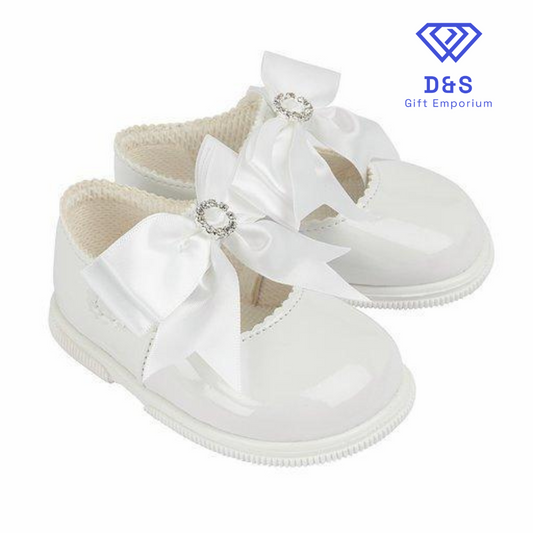 White Large Diamanté Bow Hard Sole Shoes