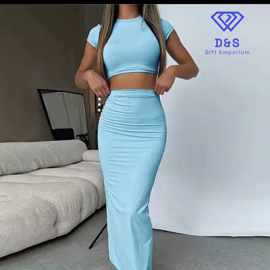 Light Blue Crop Top & Skirt Set