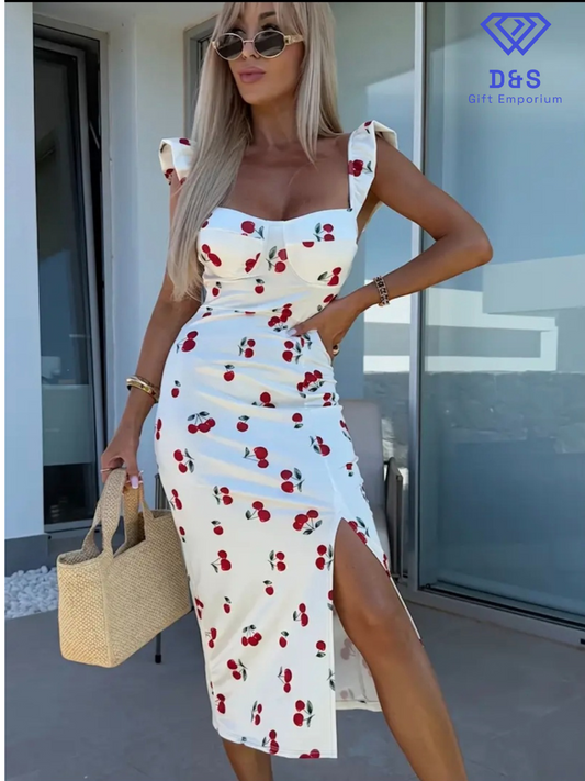 Off Shoulder Cherry Print Dress