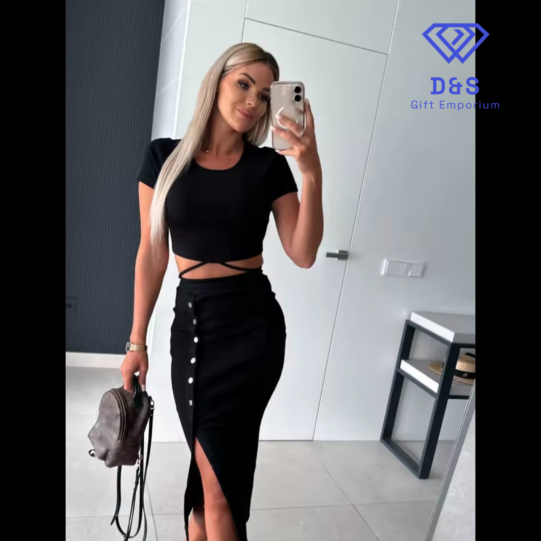 Cropped Tee & Navel Hip Skirt 2pcs Set
