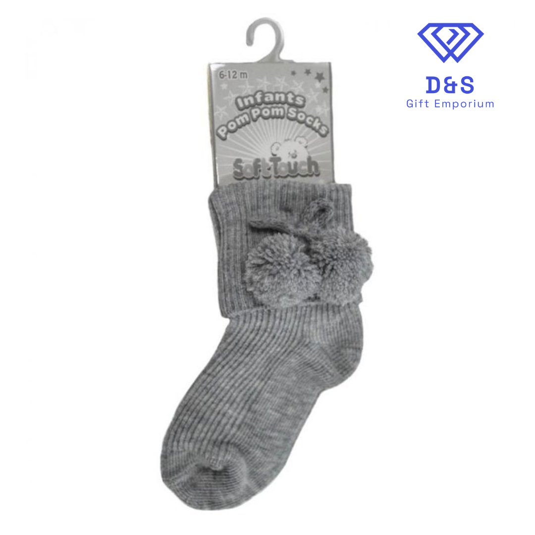 Grey Ribbed Pom Pom Socks