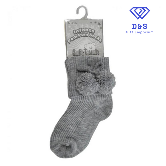 Grey Ribbed Pom Pom Socks