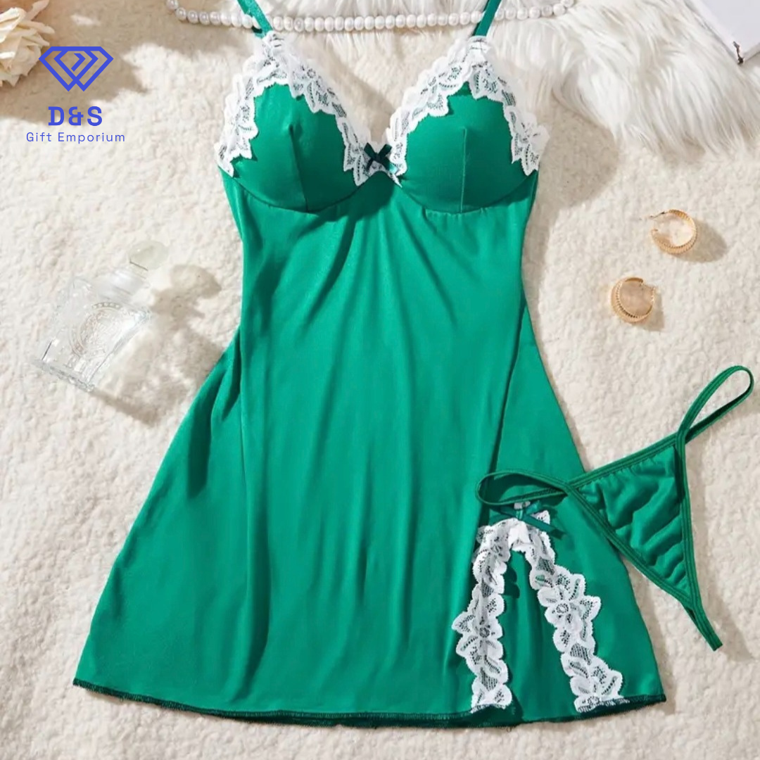 V Neck Lace Embellished Nightgown & Thong