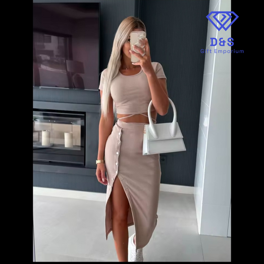 Cropped Tee & Navel Hip Skirt 2pcs Set