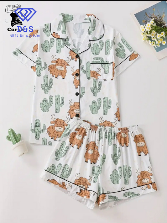 Plus Size Cactus Print Pyjama Set