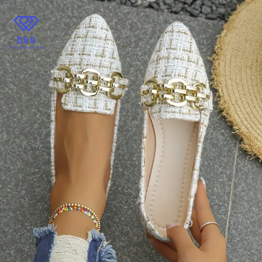 Beige & Golden Plaid Metal Chain Flats
