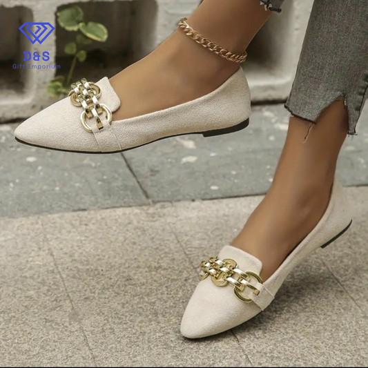 Beige Metal Chain Flats