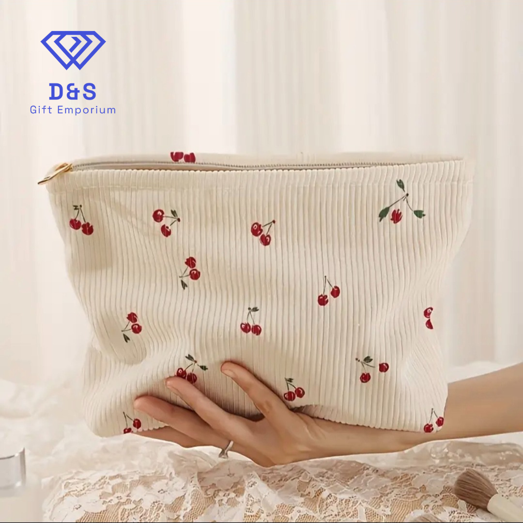 Corduroy Cherry Print Make Up Bag