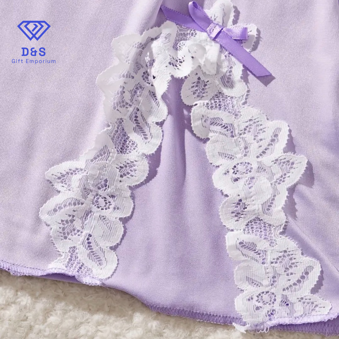 V Neck Lace Embellished Nightgown & Thong