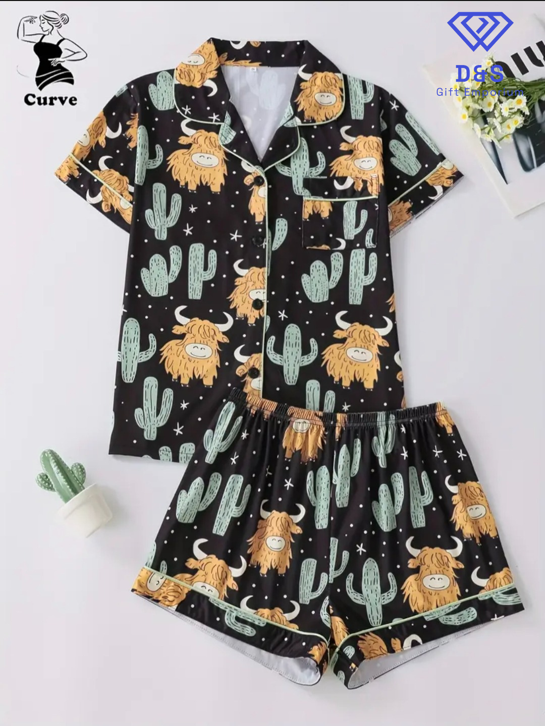 Plus Size Cactus Print Pyjama Set